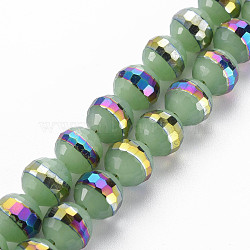 Electroplate Opaque Solid Color Glass Beads Strands, Rainbow Color Plated, Faceted, Round, Medium Aquamarine, 10x9.5mm, Hole: 1.4mm, about 39~40pcs/strand, 14.17 inch~14.57 inch(36~37cm)(EGLA-N006-031-B03)