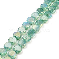Imitation Jade Glass Beads Strands, AB Color Plated, Faceted, Flat Round, Medium Sea Green, 7x3.5mm, Hole: 1.4mm, about 59pcs/strand, 16.22''(41.2cm)(GLAA-P058-05A-08)