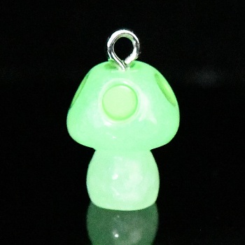 Spray Painted Luminous Resin Pendants, Mushroom Charm, with Glitter Powder and Platinum Tone Iron Loops, Lime Green, 21.5x13.5mm, Hole: 2.5mm