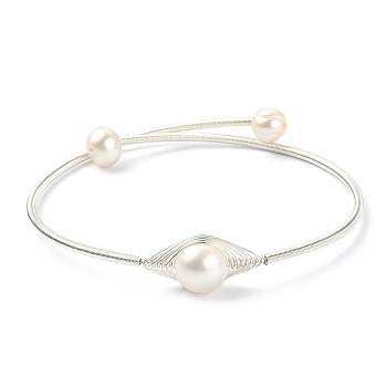 Natural Pearl Beaded Cuff Bangle, Steel Spring Wire Bangle, Silver, Inner Diameter: 2-1/4 inch(5.8cm)
