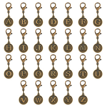52Pcs Tibetan Style Alloy Alphabet Pendant Decorations, Lobster Clasp Charms, Clip-on Charms, for Keychain, Purse, Backpack Ornament, Stitch Marker, Antique Bronze, 32mm