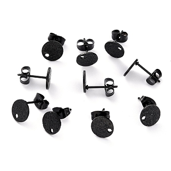 304 Stainless Steel Stud Earring Findings, Textured Flat Round, Electrophoresis Black, 8x1mm, Hole: 1.4mm, Pin: 0.8mm
