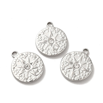 304 Stainless Steel Pendants, with Crystal Rhinestone, Flat Round Charms, Stainless Steel Color, 20x17x2.5mm, Hole: 2.5mm