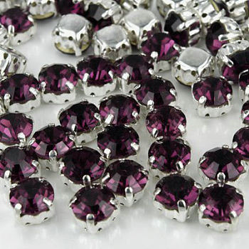 Sew on Rhinestone, Grade A Glass Rhinestone, with Brass Prong Settings, Garments Accessories, Silver Color Plated Metal Color, Amethyst, 3~3.2x3~3.2mm, Hole: 1mm, about 1440pcs/bag
