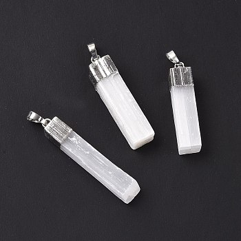 Natural Selenite Pendants, Cuboid Charms, with Rack Plating Brass Findings, Platinum, 37~48x10~13x7~10mm, Hole: 8x5mm