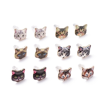 Real 14K Gold Plated Alloy Kitten Stud Earrings, with Enamel and Environment Stainless Steel Pin, Printed, Cat Pattern, Mixed Color, 10~10.5x10.5~11mm, pin: 0.7mm