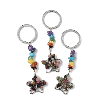 Star Brass Tourmaline Keychains, with Iron, Platinum , 96~100mm