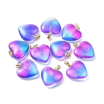 Two Tone Transparent Glass Pendants, with Golden Plated Iron Findings, Heart Charms, Deep Sky Blue, 22x20.5x7mm, Hole: 6x2mm