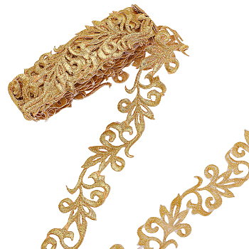 Polyester Metallic Thread Embroidery Applique Ribbon, Sewing Craft Decoration, Floral Pattern Embroidered Iron on Trimming, Gold, 4000x35x1.5mm