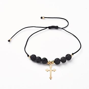 Adjustable Braided Bead Bracelets, with Natural Lava Rock Beads, Nylon Thread, Golden Plated 304 Stainless Steel Pendants and Brass Beads, Cross, 5/8 inch~3 inch(1.5~7.5cm)
