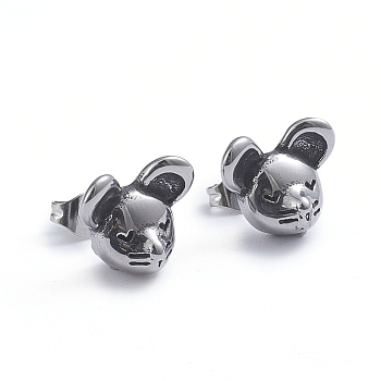 Retro 304 Stainless Steel Stud Earrings, with Ear Nuts, Mouse, Antique Silver, 10.8x13mm, Pin: 0.7mm