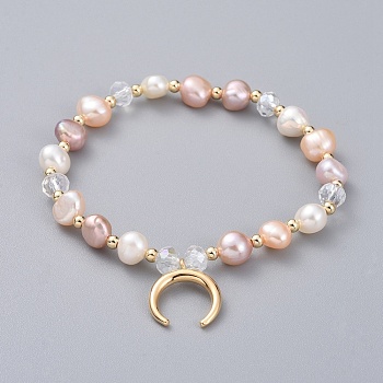 Charm Bracelets, with Natural Cultured Freshwater Pearl Beads, Glass Beads, Brass Round Spacer Beads and Brass Pendants, Crescent Moon, with Burlap Bags, Seashell Color, 2-1/8 inch(5.3cm)