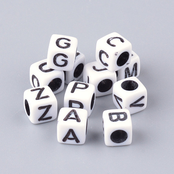Opaque Horizontal Hole Acrylic Beads, Mixed Letters, Cube, Mixed, 6x6x6mm, Hole: 3mm