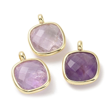 Natural Amethyst Pendants, Faceted Square Charms, with Golden Plated Brass Edge Loops, 16.5x13x6mm, Hole: 2.2mm