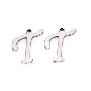 201 Stainless Steel Charms, Laser Cut, Stainless Steel Color, Letter.T, 13.5x13x1mm, Hole: 1mm