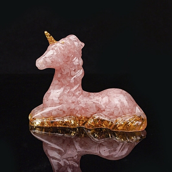 Resin Unicorn Display Decoration, Reiki Natural Rose Quartz Chips Inside for Home Office Desk Feng Shui Ornament, 120x50x95mm