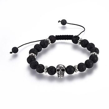 Adjustable Natural Lava Rock Braided Bead Bracelets, with Stainless Steel Beads and Tibetan Style Spacer Beads, Skull, 2 inch~3 inch(5.2~7.8cm), skull: 14x9x9mm