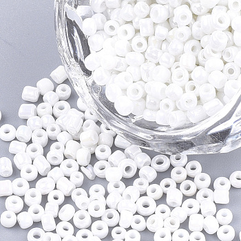 Opaque Glass Seed Beads, Rainbow Plated, Round, White, 3mm, Hole: 1mm, about 10000pcs/bag
