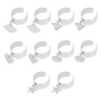 10Pcs 10 Style 304 Stainless Steel Open Cuff Rings Set, with Textured Charms, Star & Rhombus & Flat Round & Heart & Triangle, Stainless Steel Color, Inner Diameter: 17~18mm, 1Pc/style