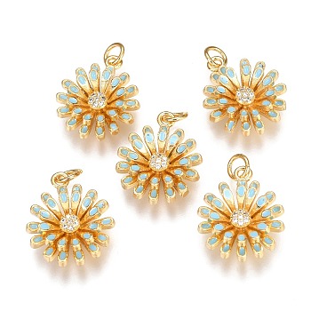 Brass Micro Pave Clear Cubic Zirconia Pendants, Long-Lasting Plated, with Enamel & Jump Rings, Flower, Real 18K Gold Plated, Aqua, 18.2x15.7x5.2mm, Hole: 3mm,  jump ring: 5x1mm
