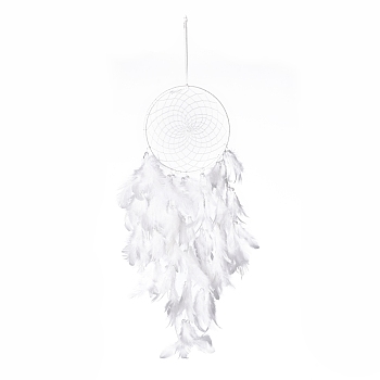 Handmade Round Leather Woven Net/Web with Feather Wall Hanging Decoration, with Iron Rings, Plastic Beads, for Home Offices Amulet Ornament, White, 650mm
