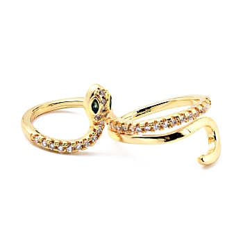 Brass Micro Pave Cubic Zirconia Cuff Rings, Long-Lasting Plated, Snake, Real 18K Gold Plated, US Size 3(14mm), US Size 5(15.7mm)