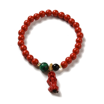 6mm Round Cinnabar Mala Stretch Bracelets, with Synthetic Malachite and Natural Agate, Pi Xiu, Inner Diameter: 2 inch(4.95~5.1cm)