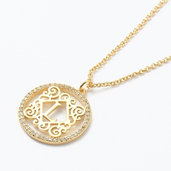 Brass Micro Pave Clear Cubic Zirconia Pendant Necklaces, Flat Round with Letter, Real 18K Gold Plated, Letter.L, 16.14~17.20 inch(41~43.7cm)