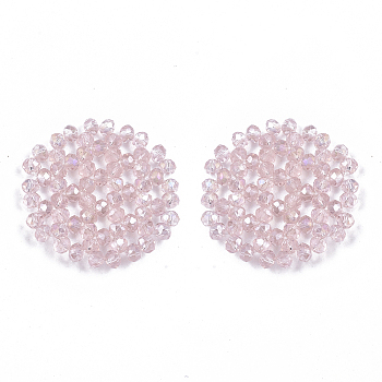 Plating Acrylic Woven Beads, Cluster Beads, Flat Round, Pearl Pink, 31x30x3.5mm, Hole: 2~3mm