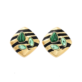 Synthetic Malachite Stud Earrings, with 304 Stainless Steel Finding & Rhinestone & Enamel for Women, Real 18K Gold Plated, 34x33.5mm