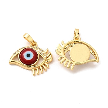 Rack Plating Brass Micro Pave Clear Cubic Zirconia Pendants, with Handmade Evil Eye Lampwork, Cadmium Free & Lead Free, Long-Lasting Real 18K Gold Plated, Eye Charm, FireBrick, 17x19.5x5mm, Hole: 6x3mm