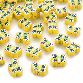 Handmade Polymer Clay Beads, Butterfly, Yellow, 6~8x9.5~11.5x4mm, Hole: 1.2mm