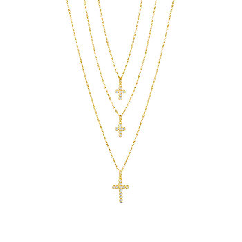 SHEGRACE 925 Sterling Silver Tri-Tiered Necklaces, with AAA Cubic Zirconia, with S925 Stamp, Cross, Golden, 18.11 inch(46cm)