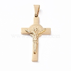 304 Stainless Steel Pendants, For Easter, Crucifix Cross, Saint Benedict Medal Pendant, Golden, 49.5x28x5.5~6mm, Hole: 6x10.5mm(X-STAS-N017-13G)