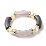 Chunky Acrylic Curved Tube Beads Stretch Bracelet for Teen Girl Women, Plastic Pearl Beads & Brass Beads Bracelet, Golden, Black, Inner Diameter: 2 inch(5.1cm)(BJEW-JB06993-02)