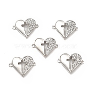 Brass Micro Pave Clear Cubic Zirconia Connector Charms, Heart Links with Cross, Platinum, 20x15.5x3.5mm, Hole: 1.5mm(KK-E068-VB351)