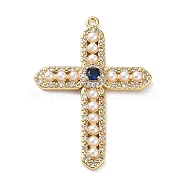 Rack Plating Brass Micro Pave Cubic Zirconia and Plastic pearl Pendants, Cross Charms, Long-Lasting Plated, Cadmium Free & Lead Free, Real 18K Gold Plated, 35x25x4mm, Hole: 1.2mm(KK-Q786-08G)