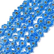 Handmade Millefiori Glass Bead Strands, Flower, Sky Blue, 10~12x2.6mm, Hole: 1mm, about 42pcs/strand, 15.75''(40cm)(LAMP-J035-10mm-53)