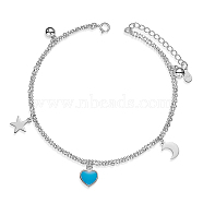 SHEGRACE Rhodium Plated 925 Sterling Silver Multi-Strand Anklets, with Epoxy Resin, Heart & Moon & Star, Platinum, 8-1/2 inch(21.5cm)(JA125A)