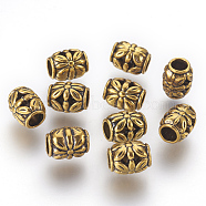Tibetan Style Alloy Beads, Cadmium Free & Lead Free, Barrel with Flower, Antique Golden, 8.5x10.5mm, Hole: 4.5mm(GLF0855Y)