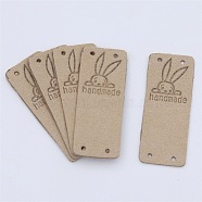 Microfiber Leather Labels, Handmade Embossed Tag, with Holes, for DIY Jeans, Bags, Shoes, Hat Accessories, Rectangle with Rabbit Pattern, Tan, 50x20mm(DIY-TAC0012-15B)