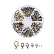 Alloy Lobster Claw Clasps and Jump Rings Set, Nickel Free, Antique Bronze, Clasps: 10~20.5x6~13x3.5~5.5mm, Hole: 1~2mm, about 70pcs/box, Jump Rings: 6x1mm, about 40~50pcs/box(PALLOY-X0004-AB-NF-B)