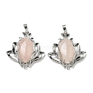 Natural Rose Quartz Pendants, Flower Charms with Rack Plating Brass Findings, Platinum, Cadmium Free & Lead Free, 37x35x10mm, Hole: 8x5mm and 1.6mm(G-M434-04P-21)