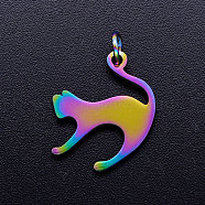 Ion Plating(IP) 201 Stainless Steel Kitten Pendants, with Jump Rings, Cat with Arched Back Shape, Rainbow Color, 17.5x14.5x1mm, Jump Ring: 5x0.8mm, Inner Diameter: 3mm(STAS-S105-JN161)
