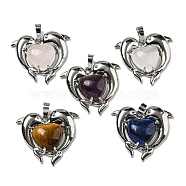 Natural Mixed Stone Heart Pendants, Rack Plating Brass Dolphin Charms, Platinum, Cadmium Free & Lead Free, 29x32.5x8.5mm, Hole: 8x5mm(G-M434-02P)