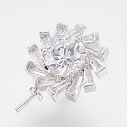 Eco-Friendly Brass Micro Pave Cubic Zirconia Cup Pearl Peg Bails Pin Pendants, For Half Drilled Beads, Lead Free & Cadmium Free, Flower, Platinum, 22.5x16x12mm, Hole: 4x8mm, Pin: 0.8mm(ZIRC-F083-113P-RS)