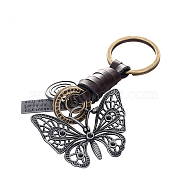 Punk Style Woven Cow Leather Alloy Pendant Keychain, for Car Key Pendant, Butterfly, Pendant: 4.8x3.9cm(KEYC-PW0006-02P)