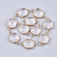 Natural Quartz Crystal Links Connectors, Rock Crystal, with Brass Findings, Square, Golden, 21x13x5~5.5mm, Hole: 2.5mm(G-S344-69M)