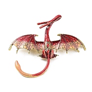 Dragon Alloy Rhinestone Brooches, Enamel Pins, Antique Golden, Red, 70x78x13mm(JEWB-K018-08AG-01)