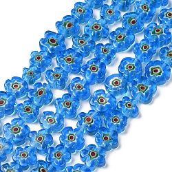 Handmade Millefiori Glass Bead Strands, Flower, Sky Blue, 10x2.6mm, Hole: 1mm, about 42pcs/strand, 15.75''(40cm)(LAMP-J035-10mm-53)